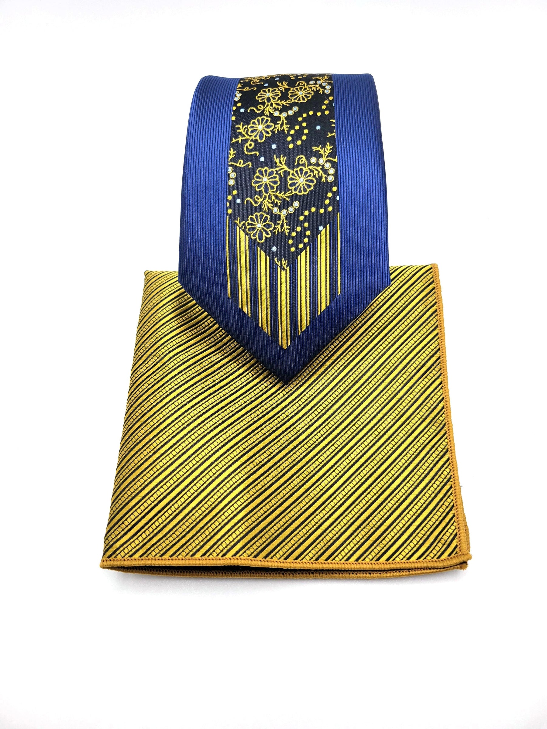 Blue and Yellow Geometric Necktie and Pocket Square - The Upscale Banker