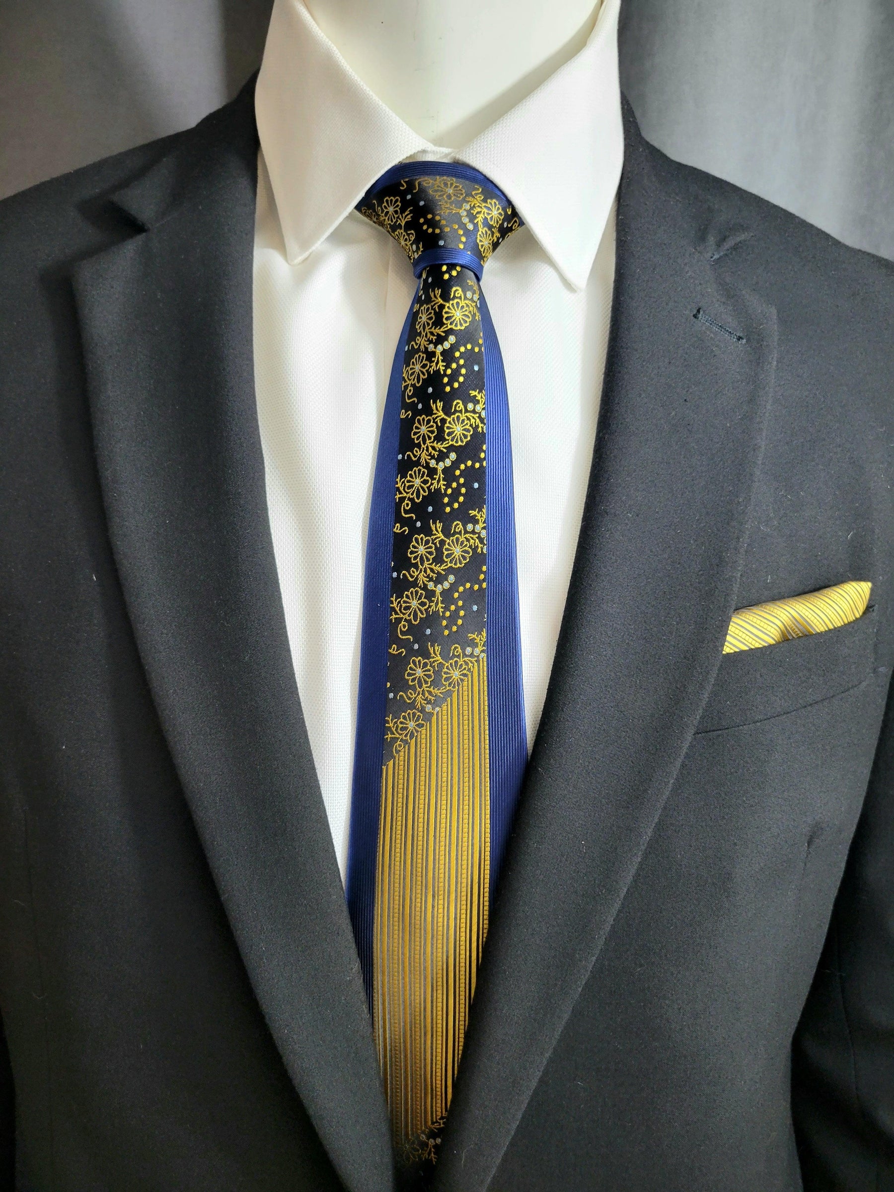 Blue and Yellow Geometric Necktie and Pocket Square - The Upscale Banker