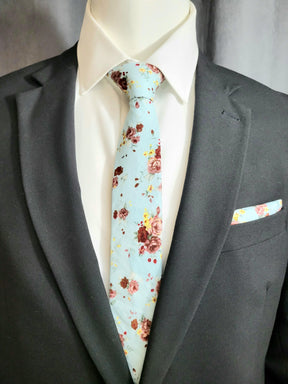 Light Blue and Mauve Floral Necktie and Pocket Square - The Upscale Banker